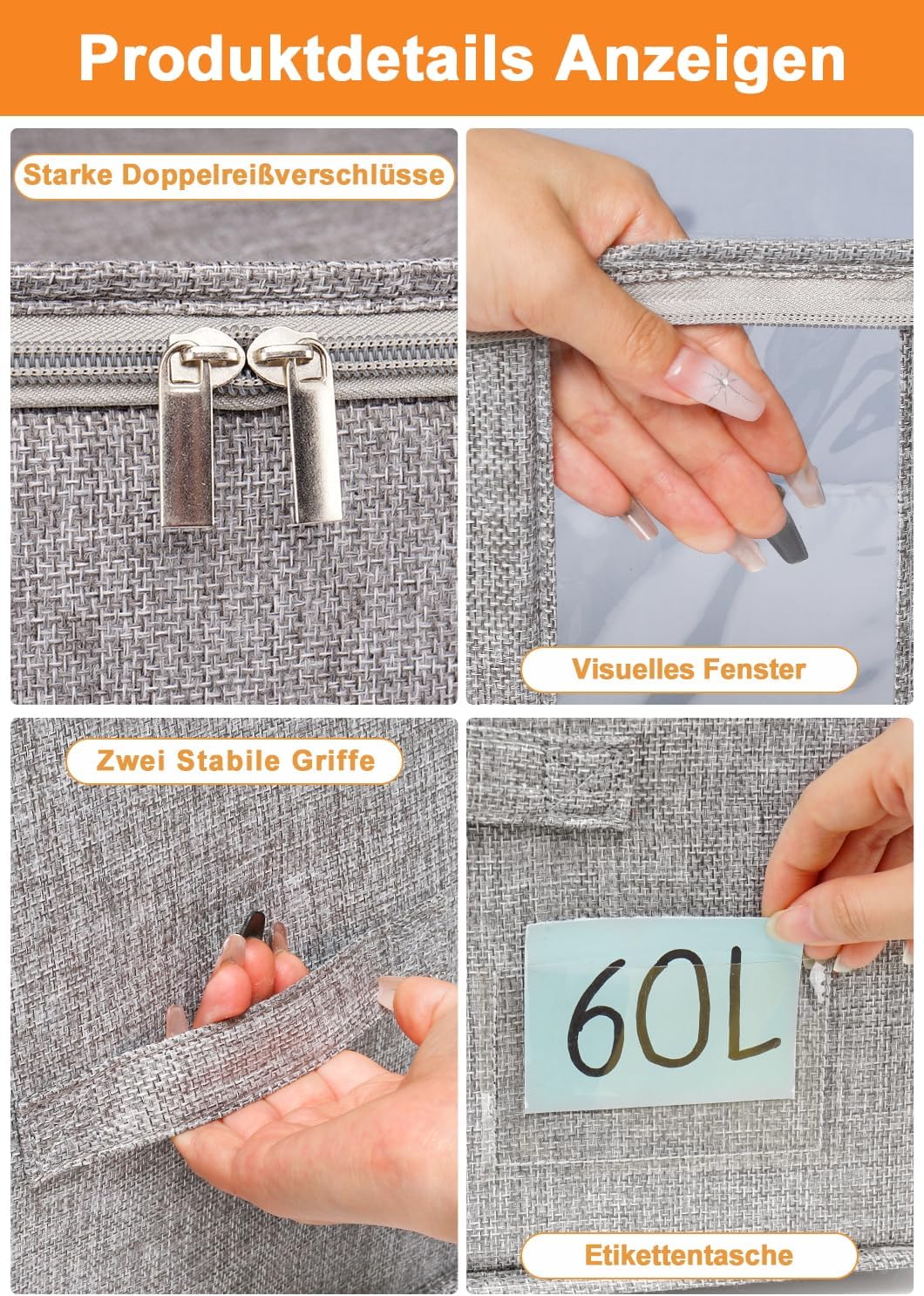 60L Grosse Kleidung Aufbewahrungsbox Stoff mit Reissverschlüssen, Seiten- und Bodenschutz, 2er-Pack