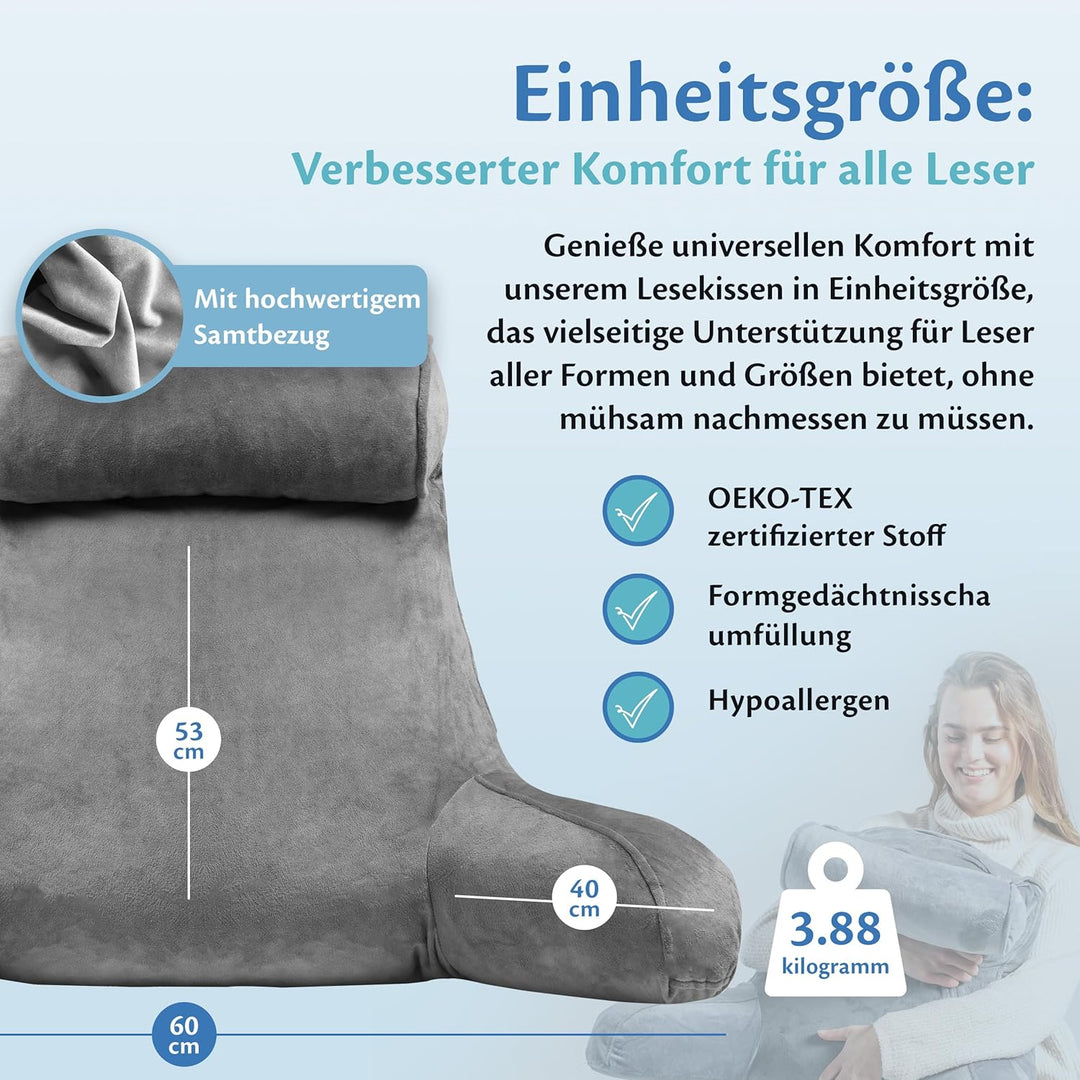 Ella Lesekissen für Bett und Sofa mit Abnehmbarer Nackenrolle - Rückenkissen Bett - Reading Pillow a