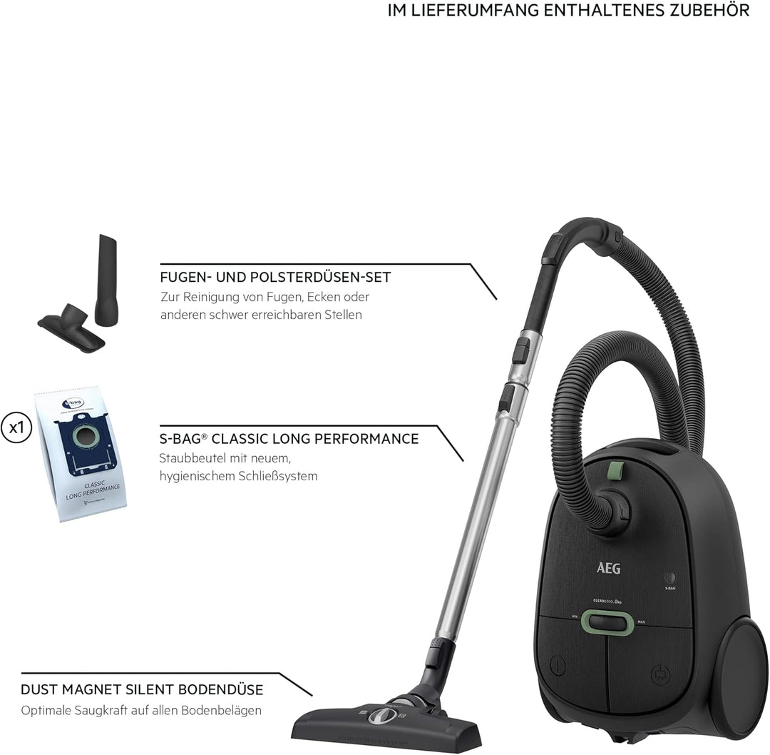 AEG CLEAN 6000 AB61C1OKO ÖKO Staubsauger / hohe Saugleistung / Zusatzdüsen / XL-Räder / Edelstahl-Te