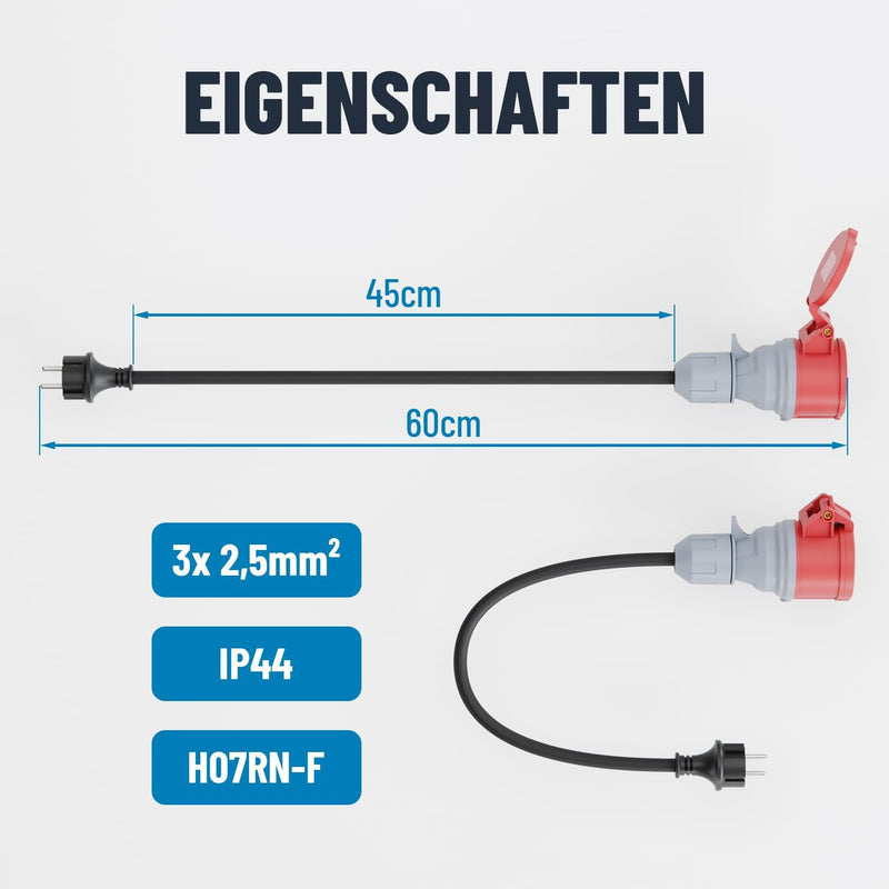 ABSINA Adapter Schuko Stecker auf CEE Kupplung - Schuko auf CEE 16A 5-polig mit 60 cm Kabellänge & I