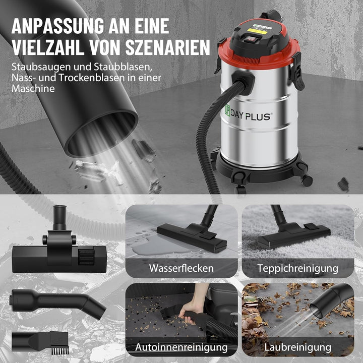 DayPlus Nass & Trocken Staubsauger, 18 Liter, 1200W Motor, 19 Kpa, 5m Kabel, 1,5 Flexible Schlauch,