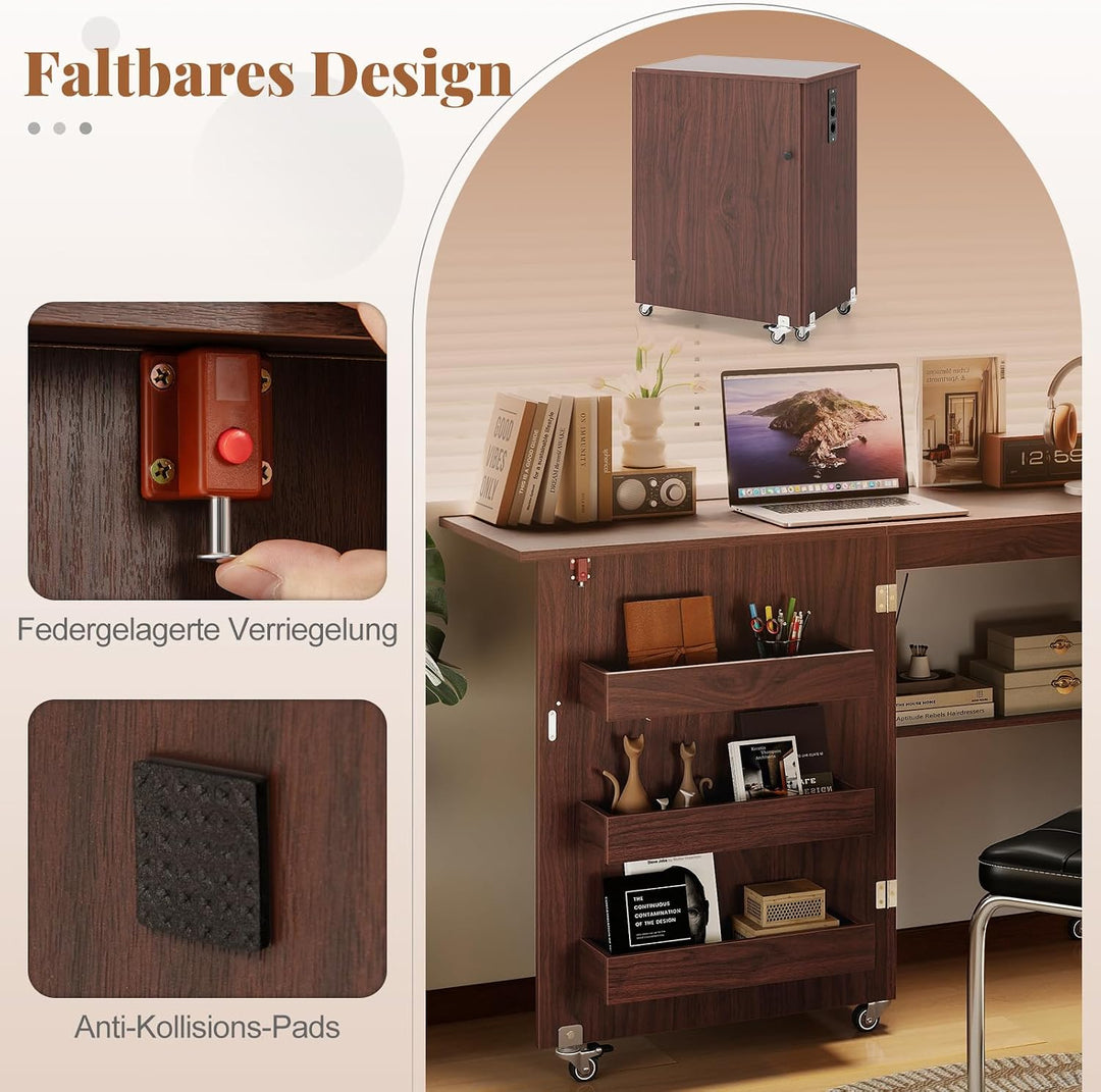 RELAX4LIFE 2 in 1 Nähtisch, Nähmaschinenschrank klappbar mit Ladestation, Nähschrank aus Holz mit Re