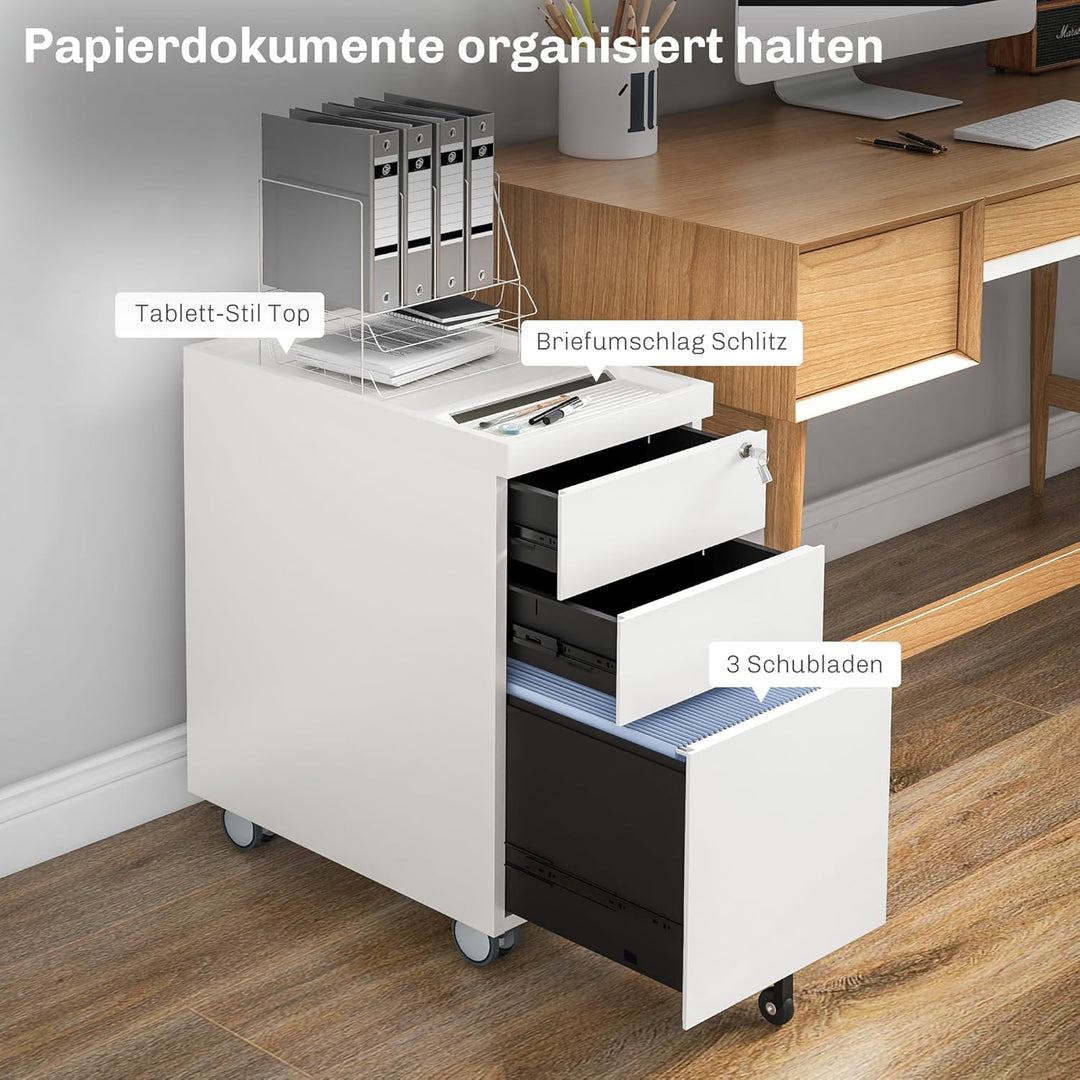 HOMCOM Rollcontainer mit 3 Schubladen, Aktenschrank mit Schloss, Oberer Öffnung, Büroschrank für Bri