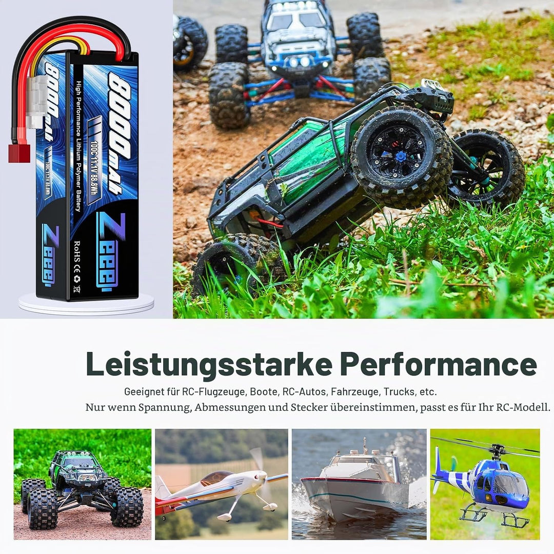 Zeee 3S Lipo Akku 11,1V 8000mAh 100C Hardcase Batterie mit Deans T Stecker für RC Evader BX Auto Car