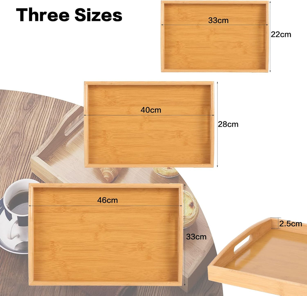 3 Stück Bambus Tablett Serviertablett, Holztablett Rechteckig mit Griffen, Holz Tablett Küchentablet