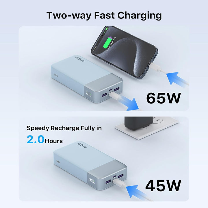 NOBIS Powerbank 20000mAh, 65W Schnellladung Power Bank, Tragbarer Ladegerät mit Digitalanzeige, Dual