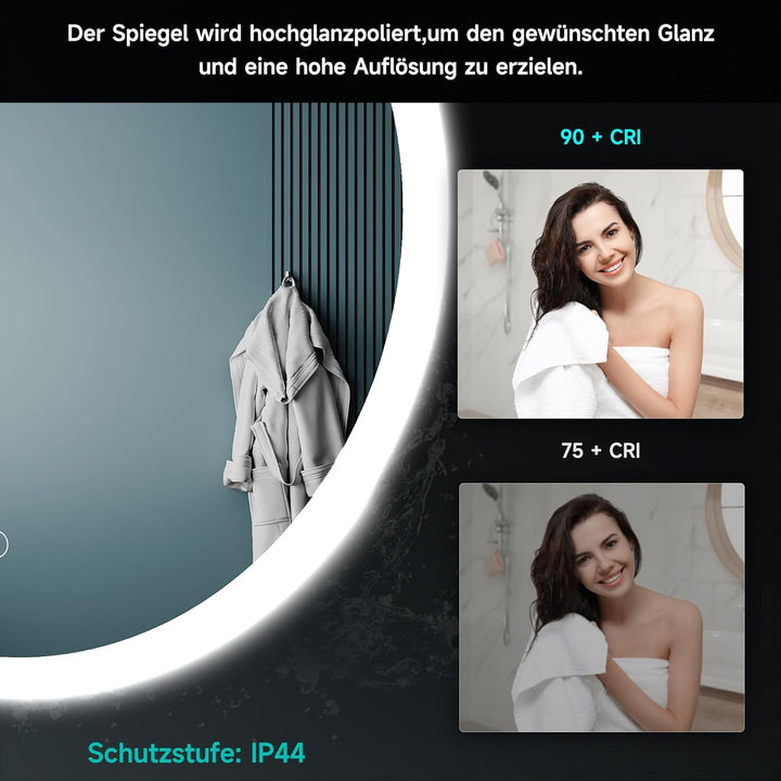 SONNI LED Badspiegel Rund 60cm – Wandspiegel mit Beleuchtung, 3 Farbtemperaturen, Dimmbar, Anti-Besc