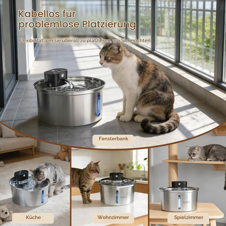 ETACCU Trinkbrunnen für Katze Kabellos, 3.2L Katzenbrunnen Edelstahl mit 3m Bewegungsmelder, 5000mAh
