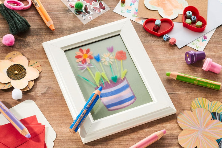 STABILO Buntstift, Wasserfarbe & Wachsmalkreide woody 3 in 1-18er Pack mit Spitzer und Pinsel - mit