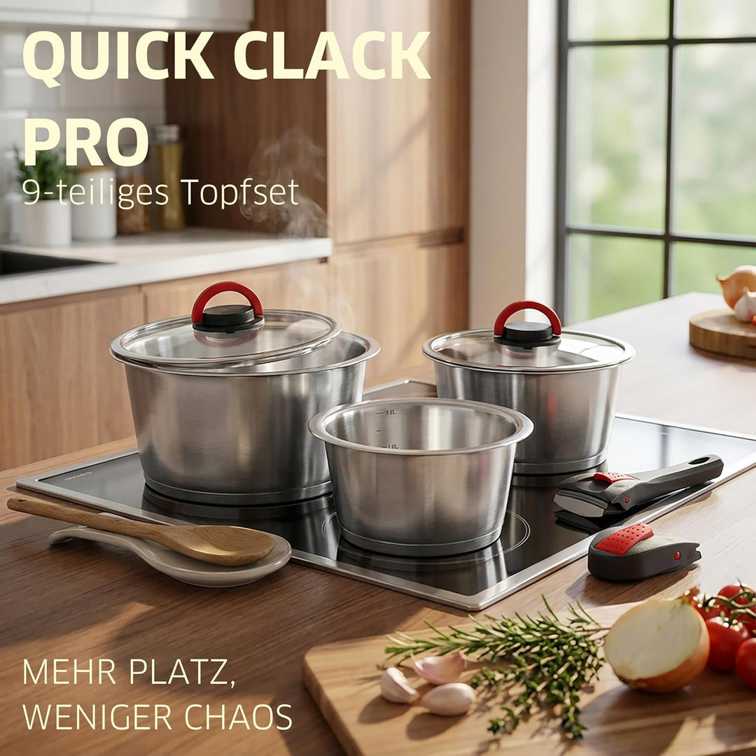 Topfset Induktion 9-teilig 18 & 20 cm mit Glasdeckel, Frischhaltedeckel & abnehmbaren Griffen, Edels
