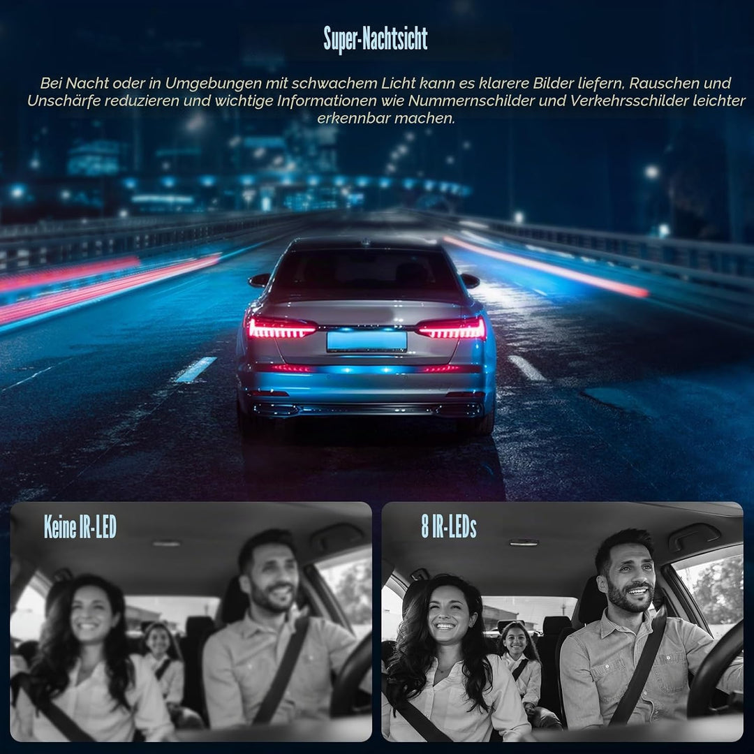 4 Kanal Dashcam Auto Vorne Hinten 2K+1080P*3, 360° 4 Kanal Dashcam, WiFi Dash Cam mit APP Steuerung,