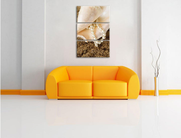 Pixxprint Muschel mit Perle Sand Strand als Leinwandbild/Grösse: 3 Teilig (120x80) cm/Wandbild/Kunst