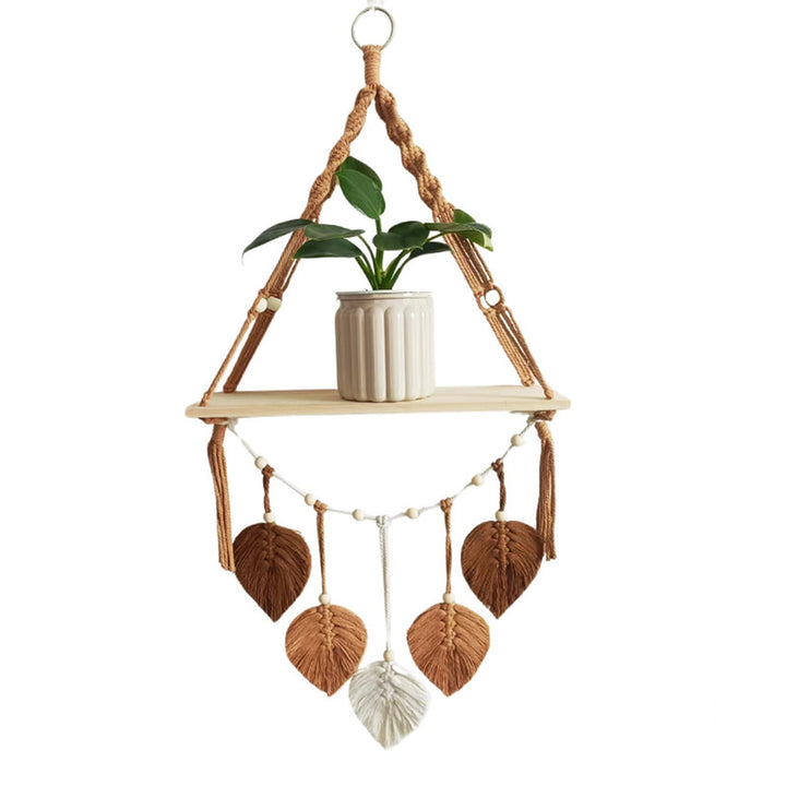 Makramee Holz Wandregal,Boho Hängeregal Wand Deko 40x 90x14 cm Pflanzenregal, Bücherregal Badezimmer