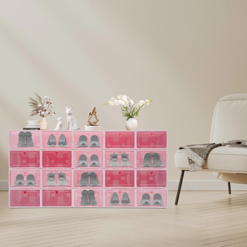 Schuhboxen 20 Stück Transparent Rosa Stapelbare Schuhkartons mit Klapptür und Belüftung, Schuh Organ