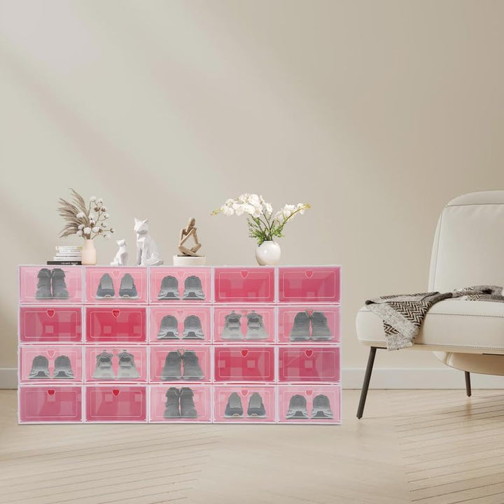 Schuhboxen 20 Stück Transparent Rosa Stapelbare Schuhkartons mit Klapptür und Belüftung, Schuh Organ