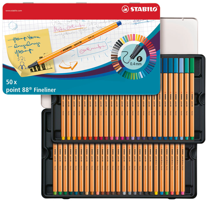 Fineliner - STABILO point 88 - 50er Metalletui - mit 47 verschiedenen Farben - 2x blau, rot, schwarz