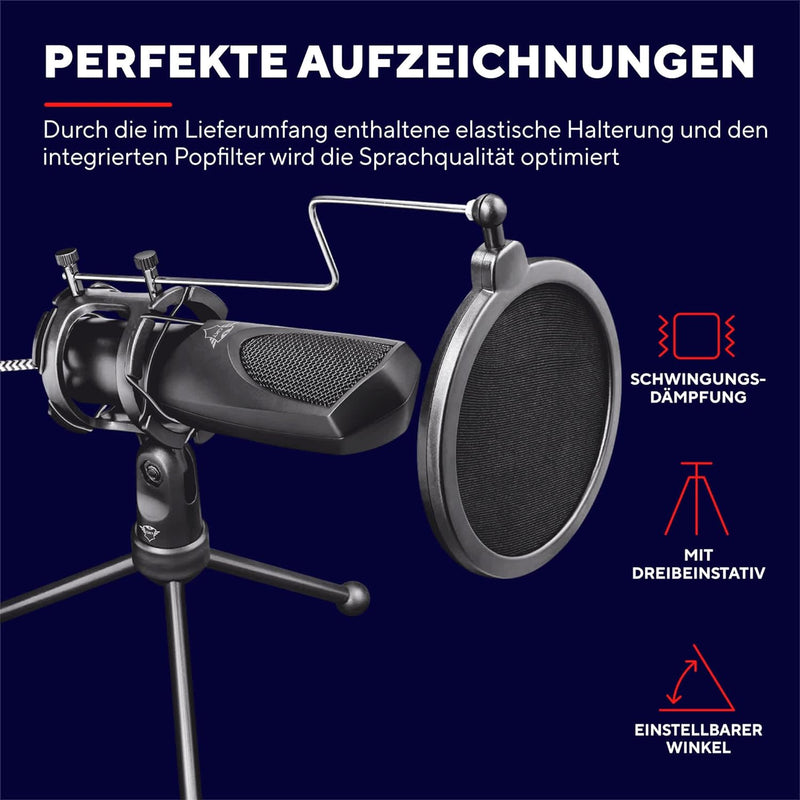 Trust Gaming GXT 232 Mantis USB Mikrofon mit Popfilter und Dreibeinstativ, Microphone für PC, Laptop