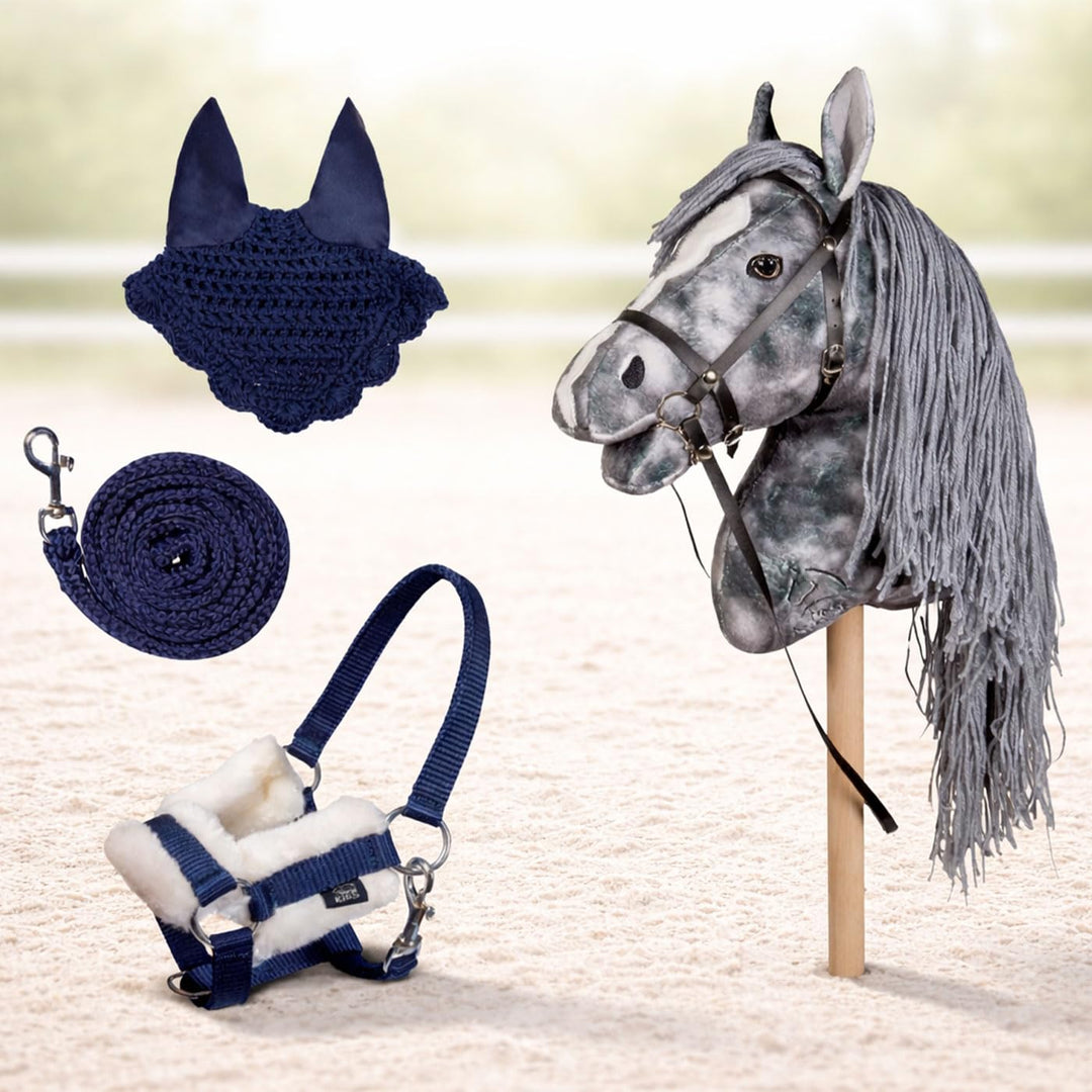 HKM Kids Hobby Horse Clara grau marmoriert + Halfter & Führstrick in Blau – Steckenpferd| Holly & Cl