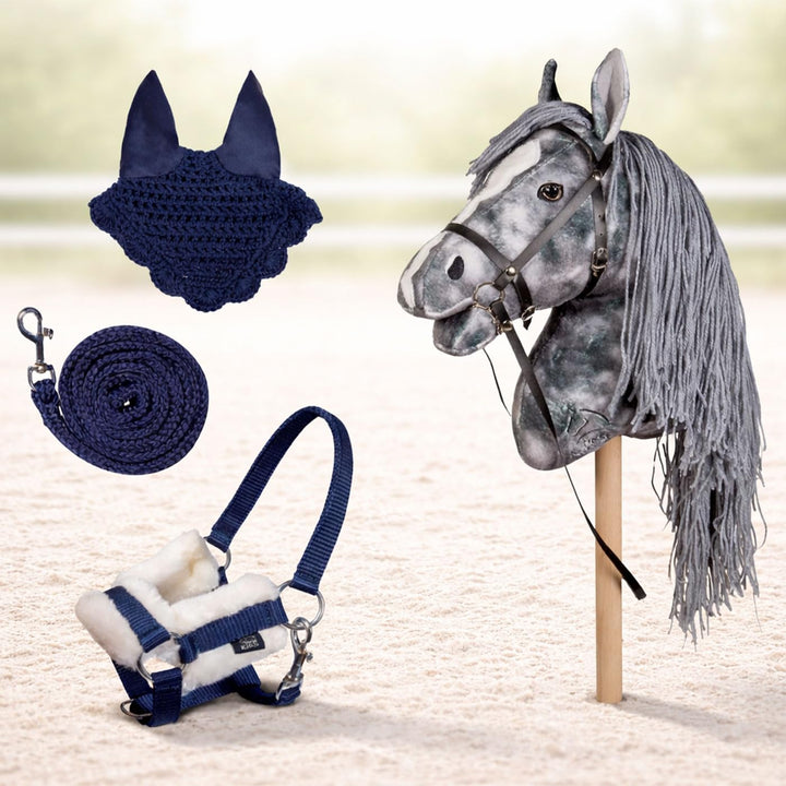 HKM Kids Hobby Horse Clara grau marmoriert + Halfter & Führstrick in Blau – Steckenpferd| Holly & Cl
