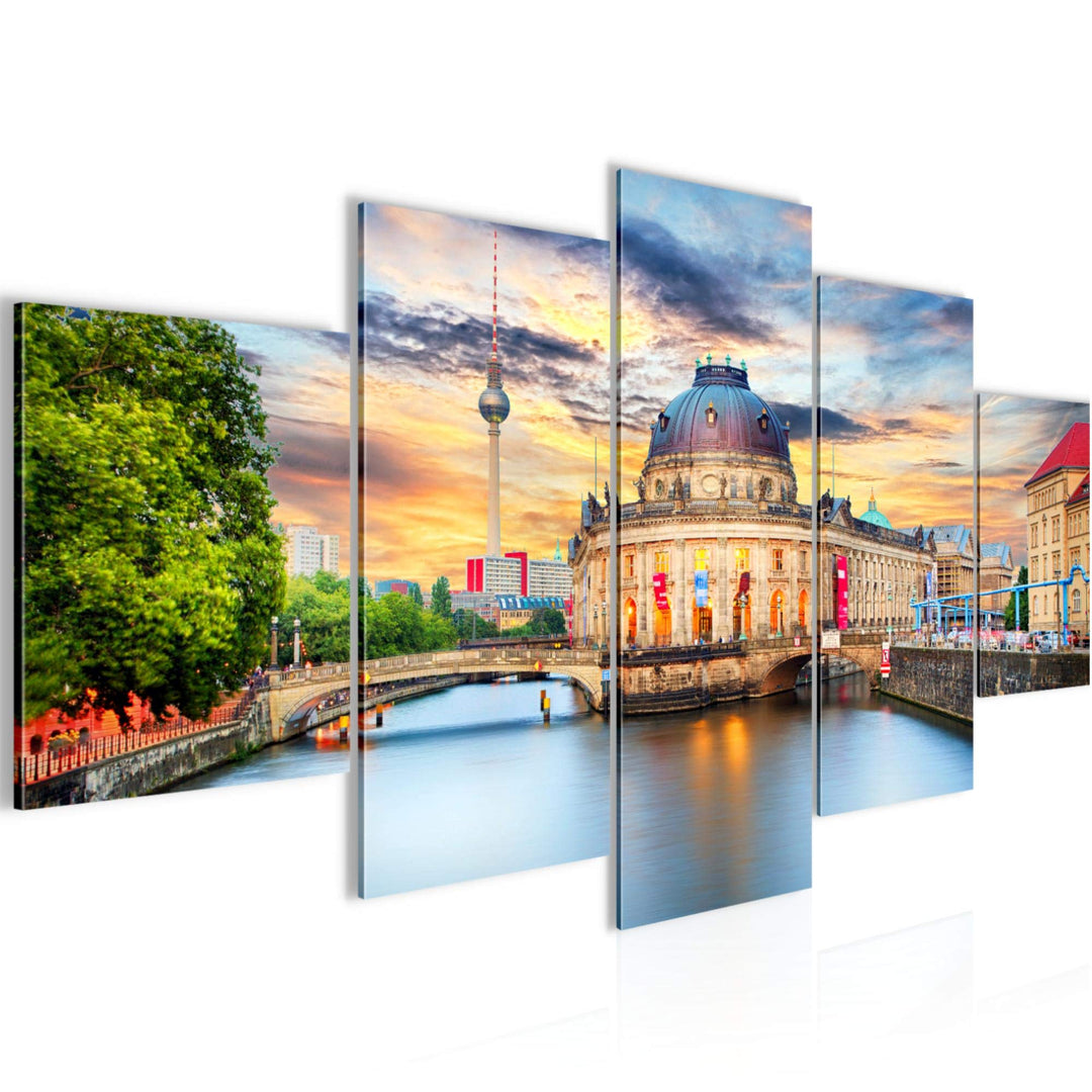 Runa Art Wandbilder Berlin 5 Teilig Bild auf Vlies Leinwand Deko Wohnzimmer Büro Städte Blau Bunt 03