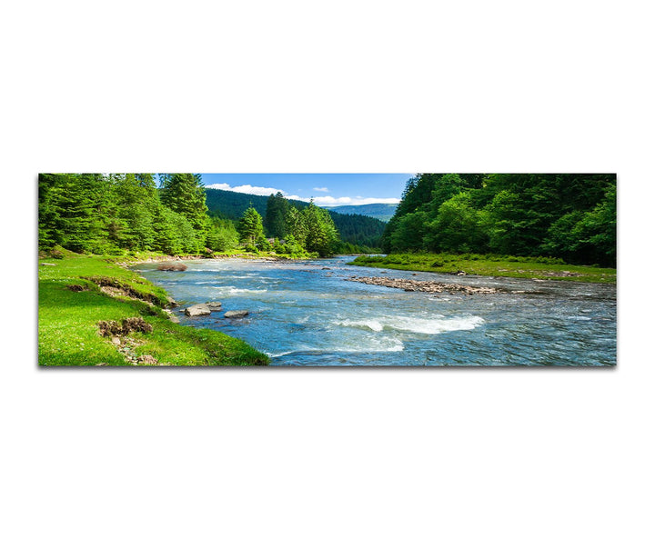 Paul Sinus Art Panoramabild auf Leinwand und Keilrahmen 150x50cm Landschaft Wald Wiese Fluss Himmel