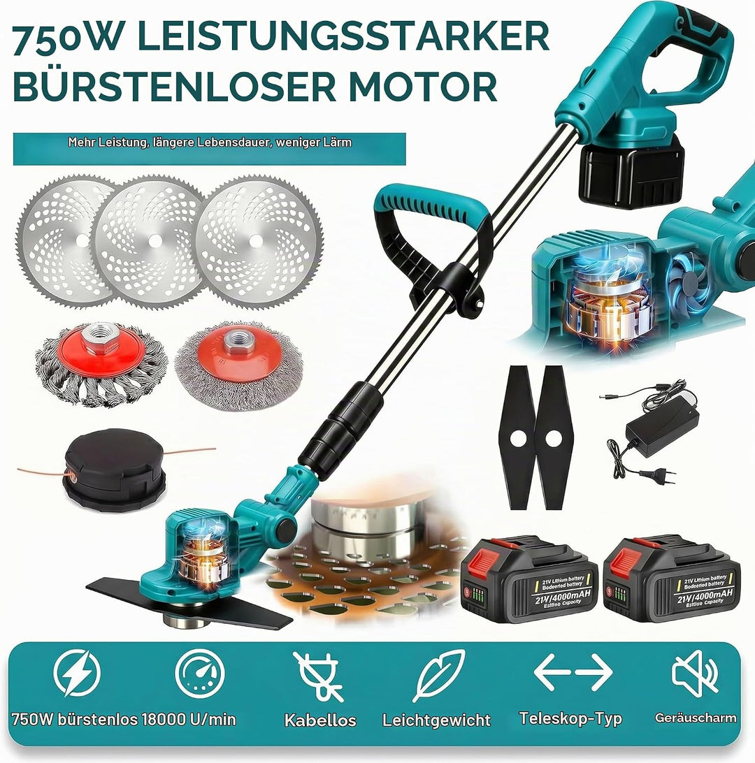 Bürstenlose Rasentrimmer 21V，Rasentrimmer für mit Unkrautbürste, mit 4 Klingentypen, Freischneider E