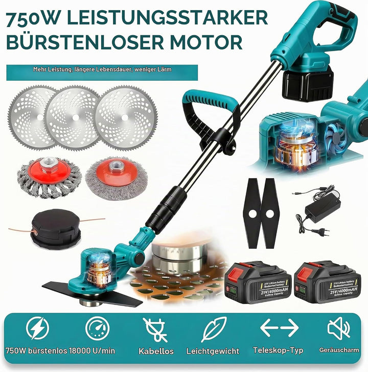 Bürstenlose Rasentrimmer 21V，Rasentrimmer für mit Unkrautbürste, mit 4 Klingentypen, Freischneider E
