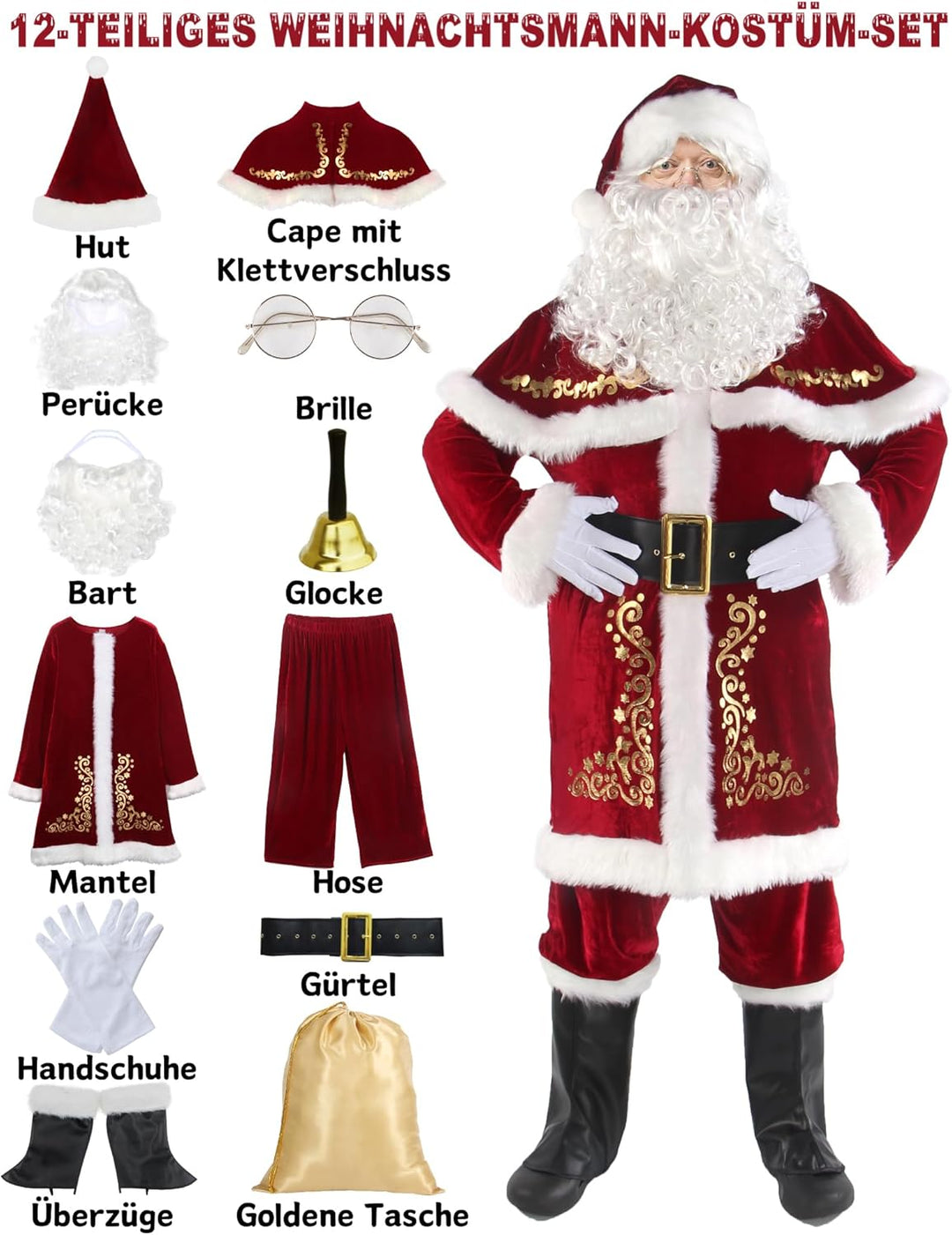 Ahititi Weihnachtsmann Kostüm für Männer 12 Stk Set Weihnachtsfeier Cosplay für Erwachsene Roter Del