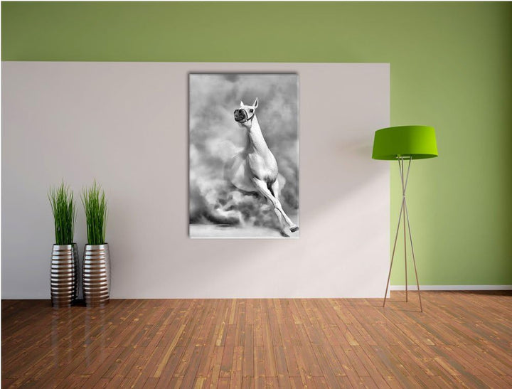 Pixxprint Weisses Pferd in der Wüste als Leinwandbild | Grösse: 100x70 cm | Wandbild | Kunstdruck |