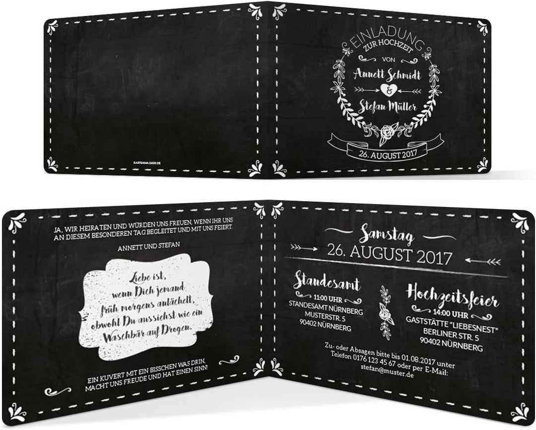 Hochzeitseinladungen (10 Stück) - Schiefertafel Look - Hochzeitskarten Klappkarten, 10