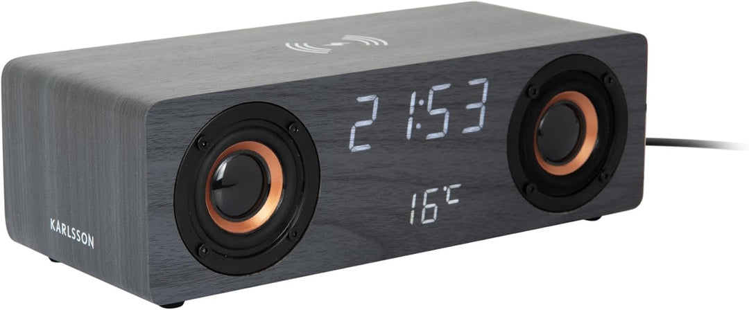 Karlsson Bluetooth Lautsprecher Funkwecker mit LED-Anzeige und kabellosem Laden (Schwarz)