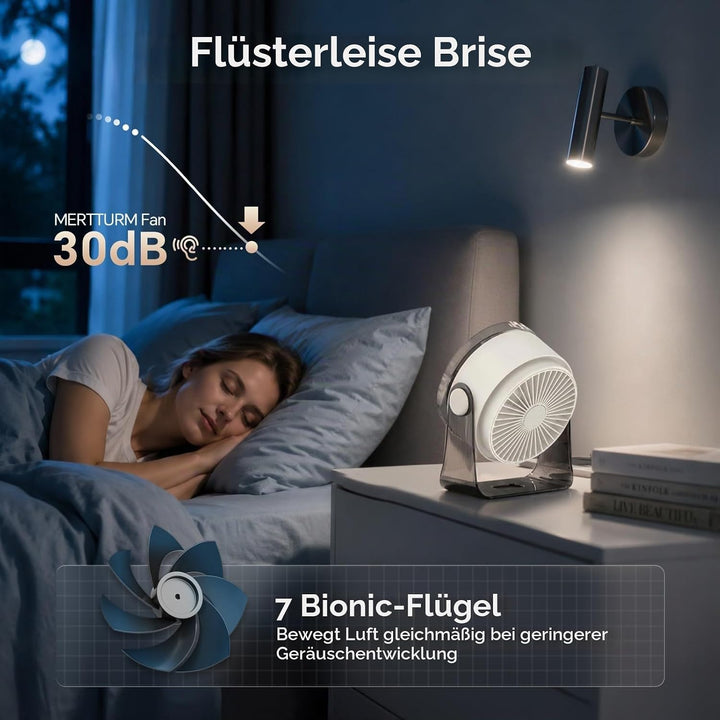 MERTTURM USB Tischventilator Leise mit Turbo Luftstrom, Max 11Std Laufzeit, Windgeschwindigkeiten 1-