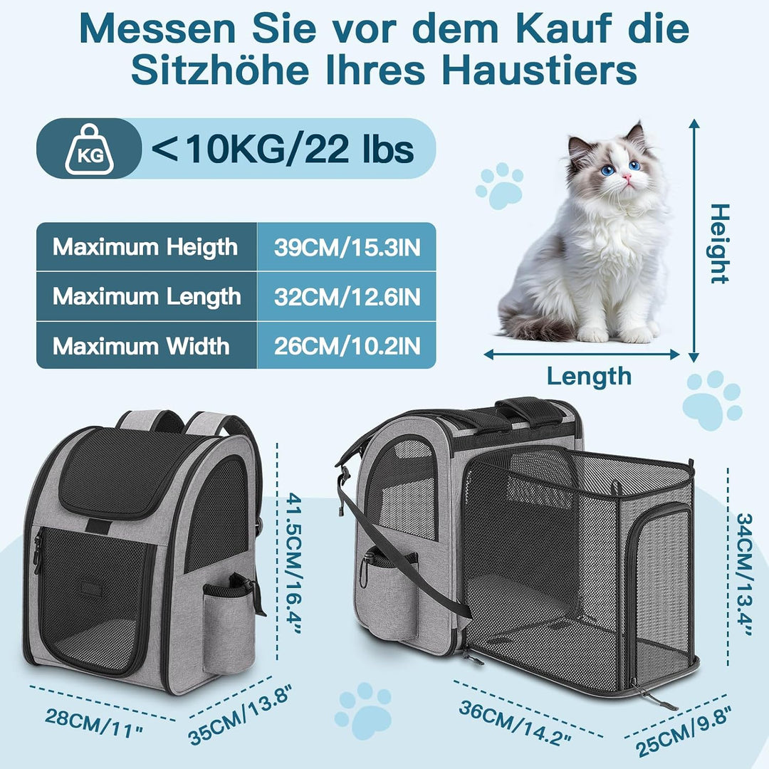 Erweiterbar Hunderucksack bis 10kg, Haustier Rucksack mit Netzfenster, Faltbare Katzenrucksack Hunde