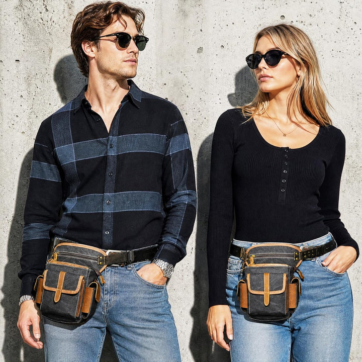 Herren Canvas + Leder Motorrad Reiten Tasche Beinbeutel Beintasche Aussenbeintasche Hüfttasche Drop