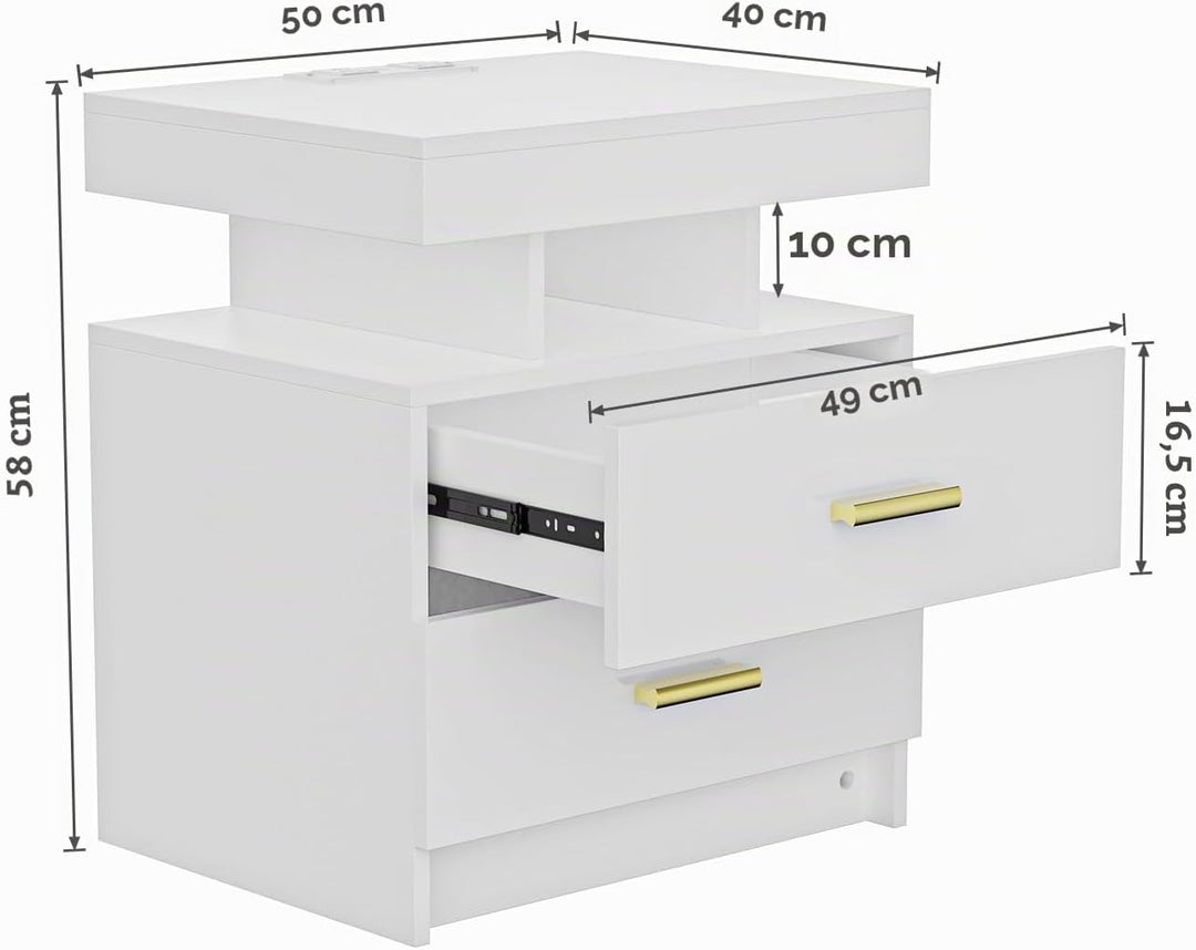 PIPIPOXER Nachttisch mit LED Licht,Nachtschrank mit Steckdose und Ladefunktion,Nachschrank mit 2 Sch