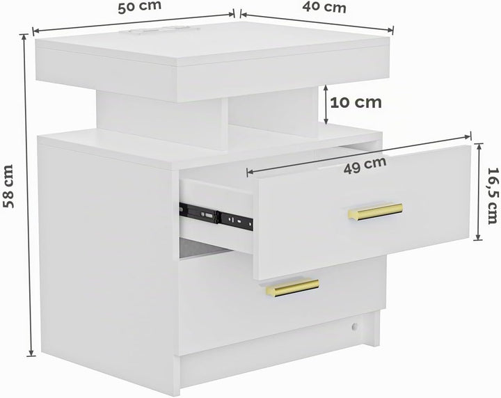 PIPIPOXER Nachttisch mit LED Licht,Nachtschrank mit Steckdose und Ladefunktion,Nachschrank mit 2 Sch