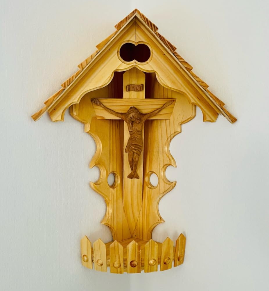DARLUX Handgefertigter Herrgottswinkel Wand-Eck-Kruzifix-Ikone Holz Kreuz Ecke Schrein Jesus Christu