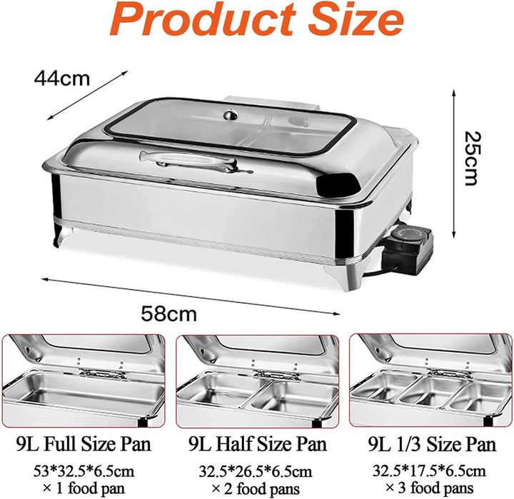 Chafing Dish Elektrisch, 9L Wärmebehälter für Essen Edelstahl Speisenwärmer Warmhaltebehälter mit Si