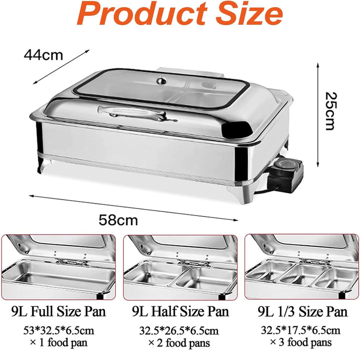 Chafing Dish Elektrisch, 9L Wärmebehälter für Essen Edelstahl Speisenwärmer Warmhaltebehälter mit Si