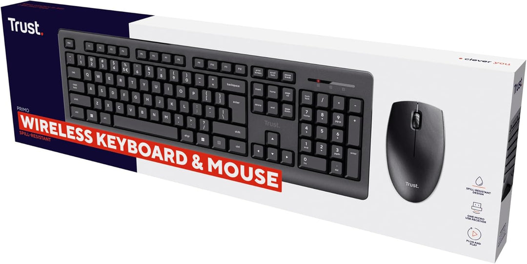 Trust Primo Tastatur Maus Set Kabellos Deutsches QWERTZ Layout, Flachen Tasten, Spritzwassergeschütz