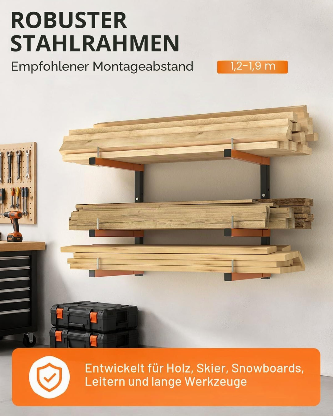 Acools Holzregal, Überkopf-Garagenregal, robustes Holzregal, Wandhalterung, 2 Stück, stabiles Garage