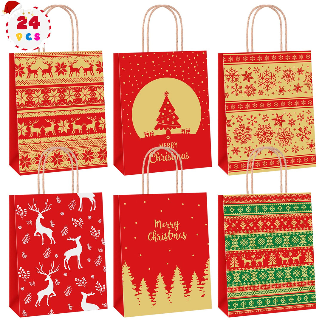 24 Stk Geschenktüten Weihnachten, Weihnachtstüten 27 x 21 x 11 cm, Papiertüten Braun, Kraftpapier Tü