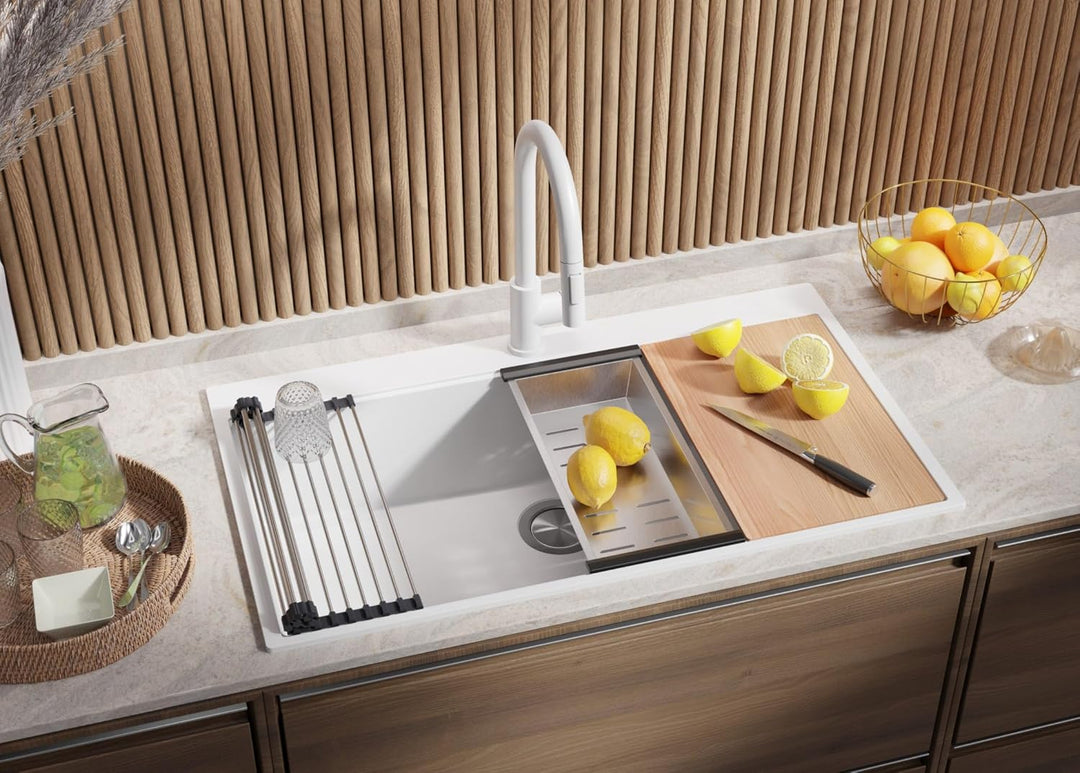 Granitspüle Weiss 90x50 cm, Spülbecken + Ablauf-Set + Küchenarmatur 9000, Küchenspüle für 90er Unter