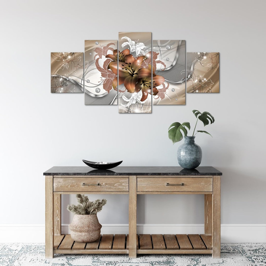 Runa Art Wandbilder Blumen Lilien 5 Teilig Bild auf Vlies Leinwand Deko Wohnzimmer Abstrakt Beige Br