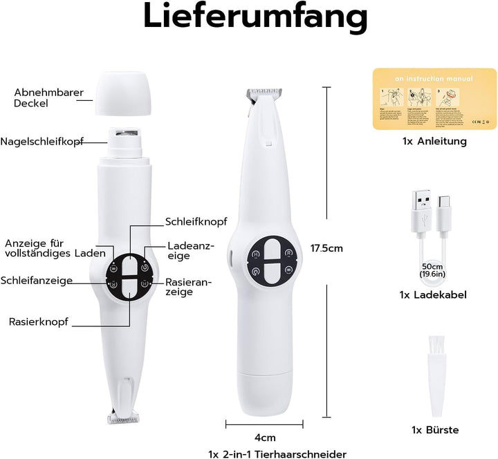 2 in 1 Haustierhaarschneider & Krallenschleifer mit LED Licht, USB Wiederaufladbar Pfotentrimmer Kra