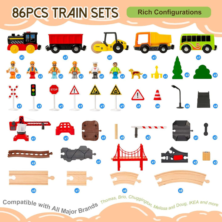 86PCS Holzeisenbahn Set mit Kran, Eisenbahn Holz mit Kran Spielzeug, Holz Eisenbahn Kinder, Passend