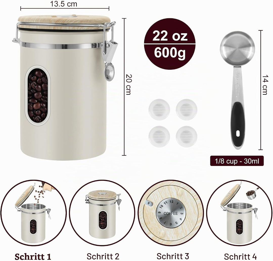 ROCKY&amp;CHAO Kaffeedose Luftdicht aus Edelstahl 1,8L Kaffeebhnen Behälter 600g Vorratsdose für Tee Nüs