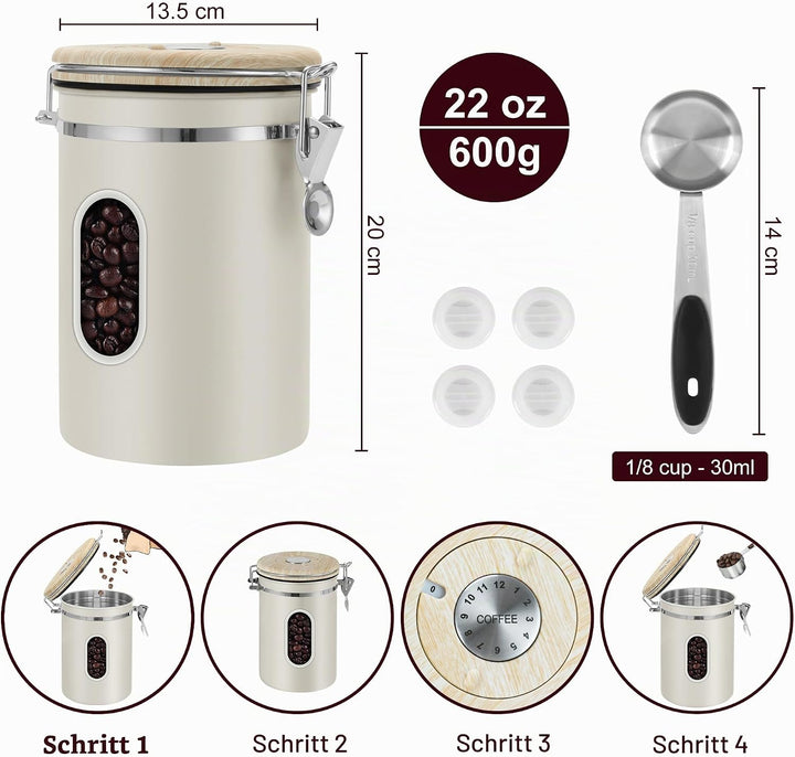 ROCKY&amp;CHAO Kaffeedose Luftdicht aus Edelstahl 1,8L Kaffeebhnen Behälter 600g Vorratsdose für Tee Nüs