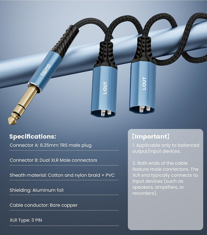 Tisino 6,3mm TRS auf 2 XLR Stecker Y-Kabel (2 m) Stereo-Breakout-Kabel für Mischpulte, Audio-Interfa