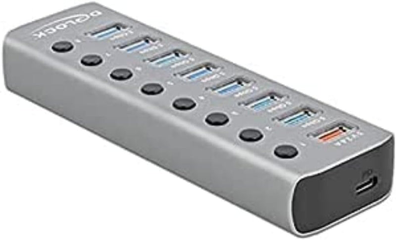 Delock USB 3.2 Gen 1 Hub mit 7 Ports + 1 Schnellladeport + 1 USB-C PD 3.0 Port mit Schalter und Bele